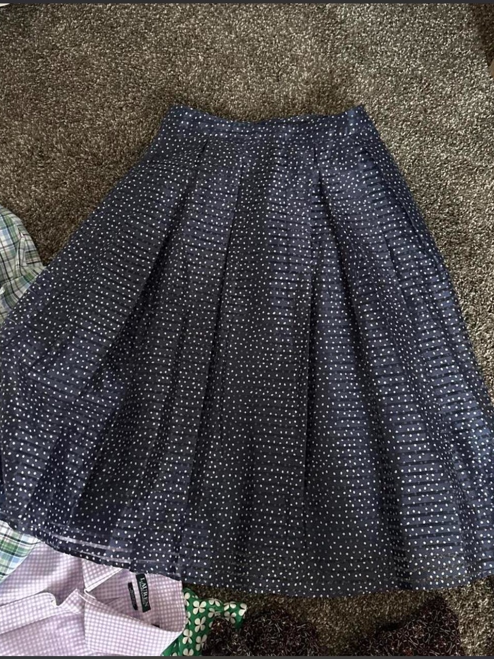 Karl Lagerfeld Navy and White Polka Dot Pleated Midi Skirt